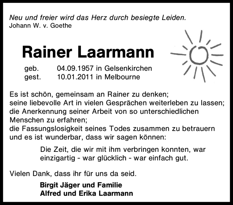  Traueranzeige für Rainer Laarmann vom 15.02.2011 aus Tageszeitung