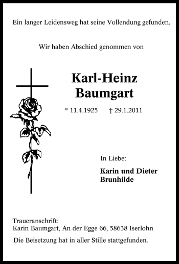 Traueranzeige von Karl-Heinz Baumgart von Tageszeitung