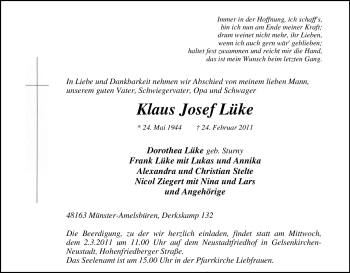 Traueranzeige von Klaus Josef Lüke von Tageszeitung