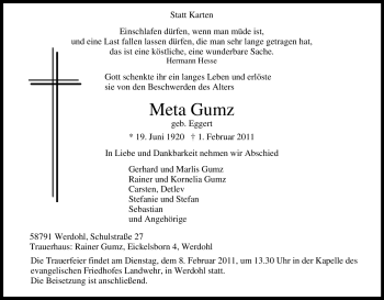 Traueranzeige von Meta Gumz von Tageszeitung