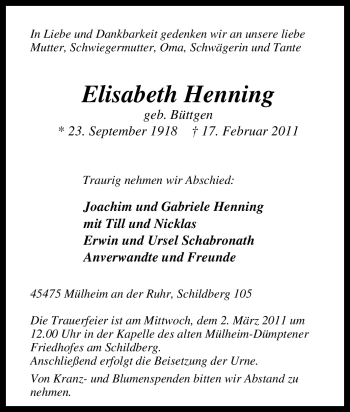 Traueranzeige von Elisabeth Henning von Tageszeitung