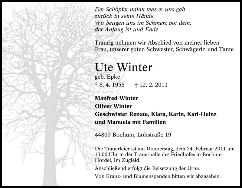  Traueranzeige für Ute Winter vom 19.02.2011 aus Tageszeitung