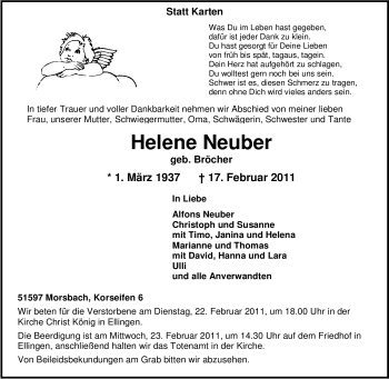 Traueranzeige von Helene Neuber von Tageszeitung