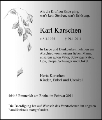 Traueranzeige von Karl Karschen von Tageszeitung