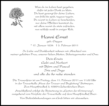 Traueranzeige von Hanni Ernst von Tageszeitung