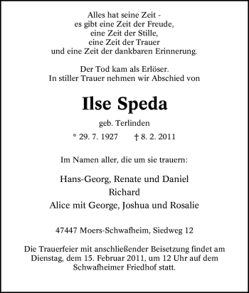 Traueranzeige von Ilse Speda von Tageszeitung