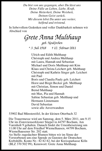 Traueranzeige von Grete Anna Multhaup von Tageszeitung