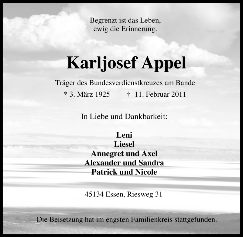  Traueranzeige für Karljosef Appel vom 19.02.2011 aus Tageszeitung