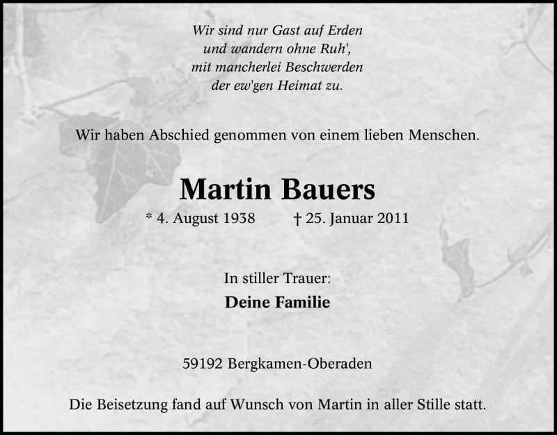  Traueranzeige für Martin Bauers vom 02.02.2011 aus Tageszeitung