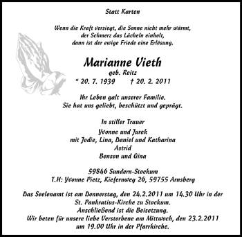 Traueranzeige von Marianne Vieth von Tageszeitung