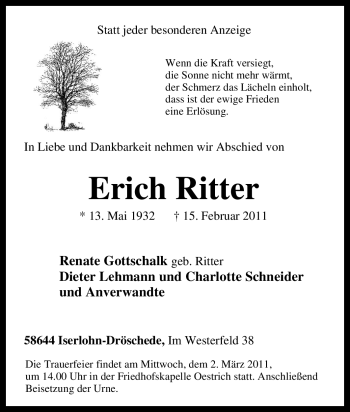 Traueranzeige von Erich Ritter von Tageszeitung