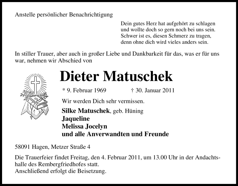  Traueranzeige für Dieter Matuschek vom 02.02.2011 aus Tageszeitung