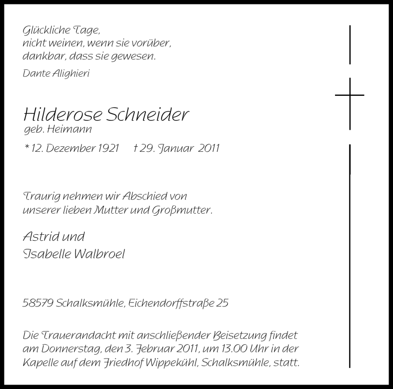  Traueranzeige für Hilderose Schneider vom 01.02.2011 aus Tageszeitung