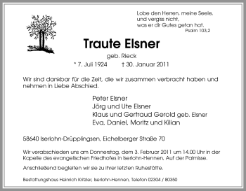 Traueranzeige von Traute Elsner von Tageszeitung
