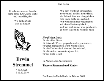 Traueranzeige von Erwin Stremmel von Tageszeitung