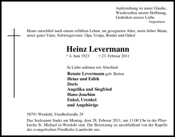 Traueranzeige von Heinz Levermann von Tageszeitung