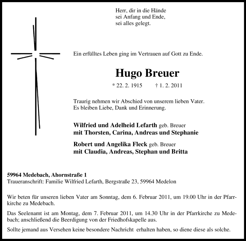  Traueranzeige für Hugo Breuer vom 02.02.2011 aus Tageszeitung