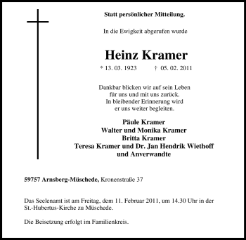 Traueranzeige von Heinz Kramer von Tageszeitung