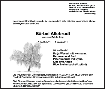 Traueranzeige von Bärbel Allebrodt von Tageszeitung