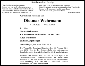Traueranzeige von Dietmar Wehrmann von Tageszeitung