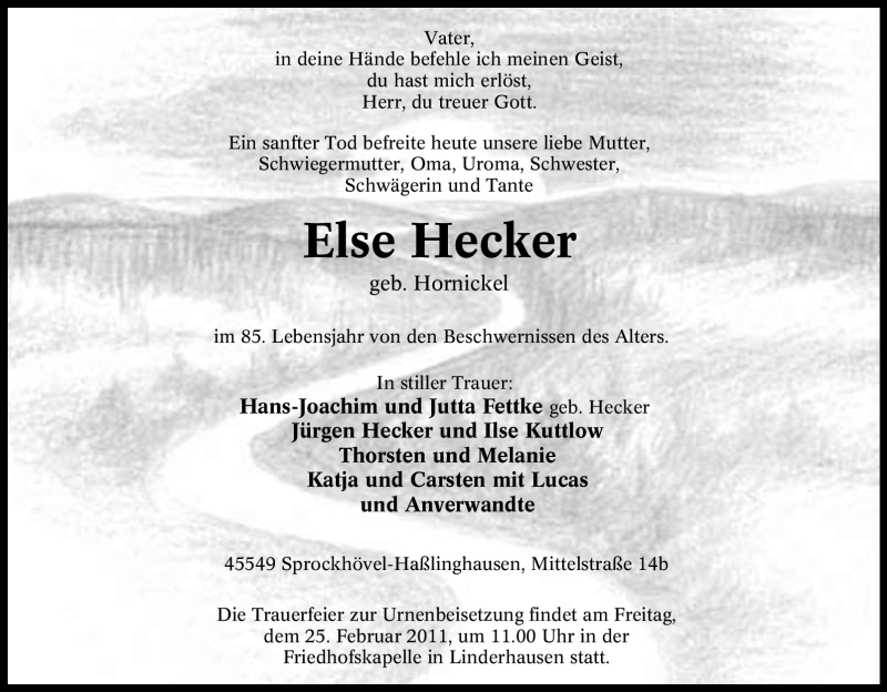  Traueranzeige für Else Hecker vom 19.02.2011 aus Tageszeitung