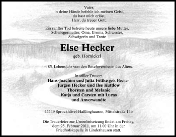 Traueranzeige von Else Hecker von Tageszeitung