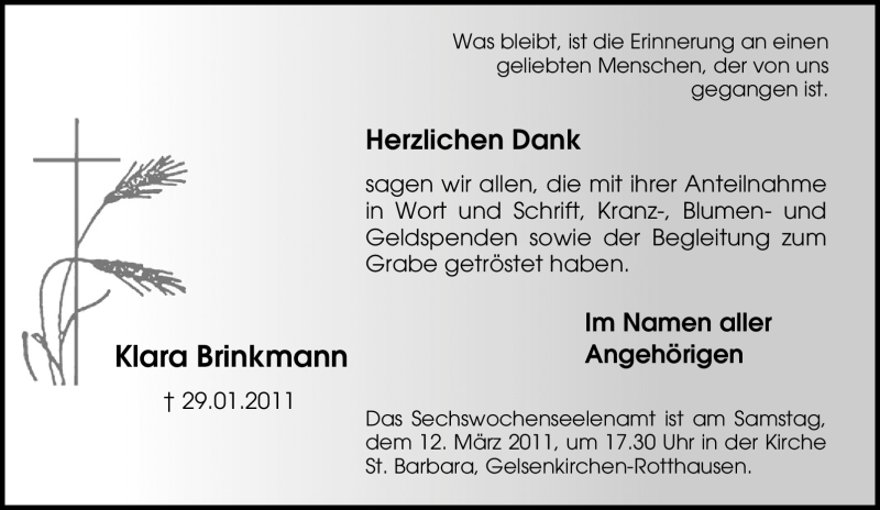  Traueranzeige für Klara Brinkmann vom 19.02.2011 aus Tageszeitung