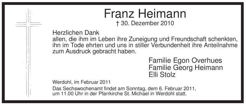  Traueranzeige für Franz Heimann vom 01.02.2011 aus Tageszeitung