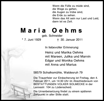 Traueranzeige von Maria Oehms von Tageszeitung