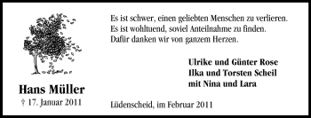 Traueranzeige von Hans Müller von Tageszeitung