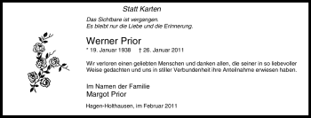 Traueranzeige von Werner Prior von Tageszeitung