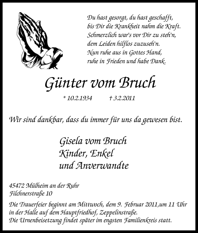  Traueranzeige für Günter vom Bruch vom 08.02.2011 aus Tageszeitung