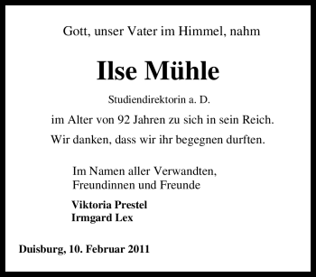 Traueranzeige von Ilse Mühle von Tageszeitung