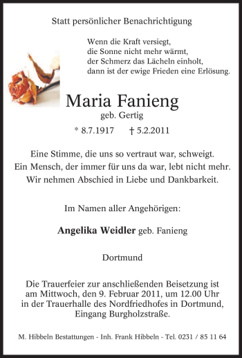 Traueranzeige von Maria Fanieng von Tageszeitung