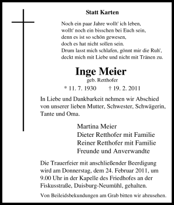 Traueranzeige von Inge Meier von Tageszeitung