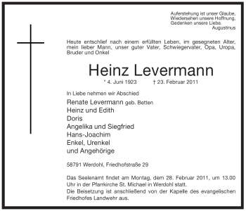Traueranzeige von Heinz Levermann von Tageszeitung