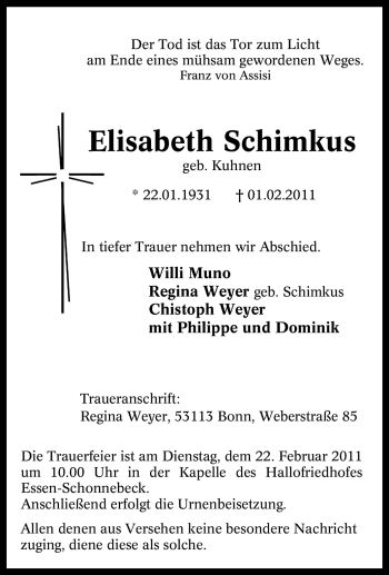 Traueranzeige von Elisabeth Schimkus von Tageszeitung