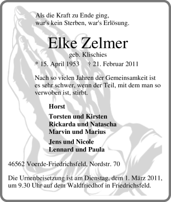 Traueranzeige von Elke Zelmer von Tageszeitung