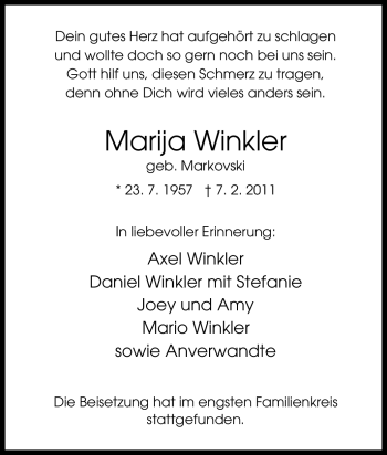 Traueranzeige von Marija Winkler von Tageszeitung