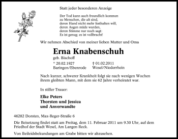 Traueranzeige von Erna Knabenschuh von Tageszeitung