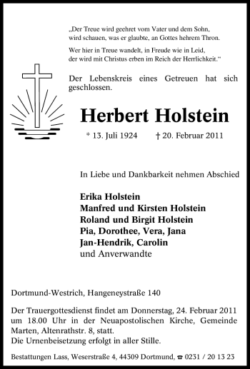 Traueranzeige von Herbert Holstein von Tageszeitung