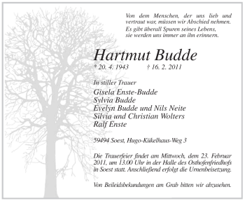 Traueranzeige von Hartmut Budde von Tageszeitung