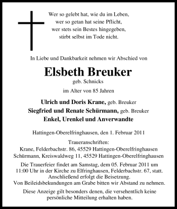 Traueranzeige von Elsbeth Breuker von Tageszeitung