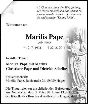 Traueranzeige von Marilis Pape von Tageszeitung