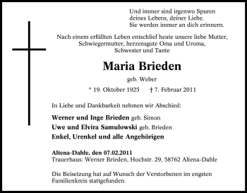 Traueranzeige von Maria Brieden von Tageszeitung