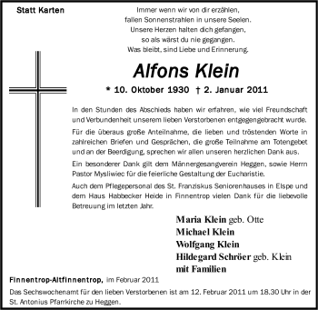 Traueranzeige von Alfons Klein von Tageszeitung