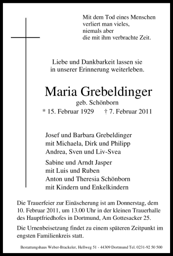 Traueranzeige von Maria Grebeldinger von Tageszeitung