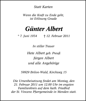 Traueranzeige von Günter Albert von Tageszeitung