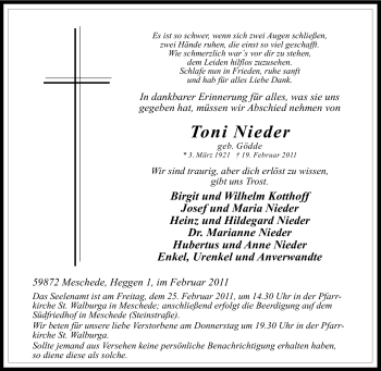 Traueranzeige von Toni Nieder von Tageszeitung