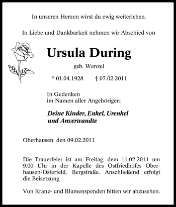 Traueranzeige von Ursula During von Tageszeitung